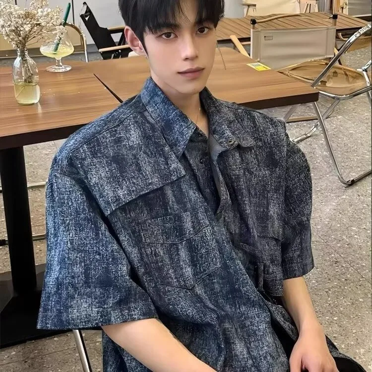 

Summer Large Size American Retro Deconstructed Shoulder Pad Short Sleeve Shirt Men Women Bleach Dye Small Audience Jacket Trendy