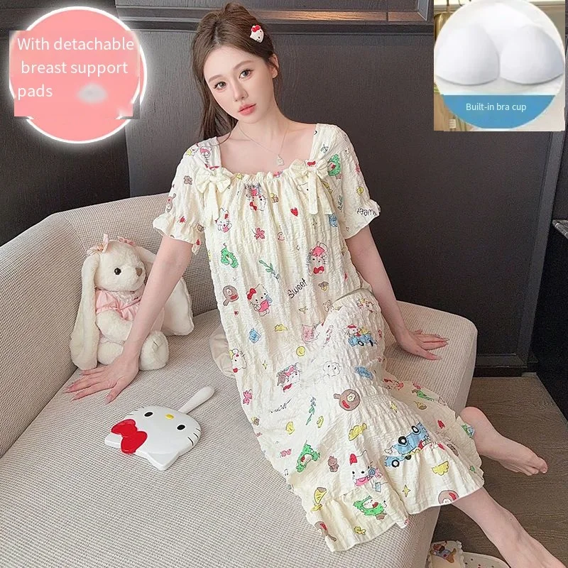 

Элегантная пижама Sanrio Hello Kitty, летняя ночная рубашка, длинное платье, неглиже с короткими рукавами, женская ночная рубашка, домашняя одежда