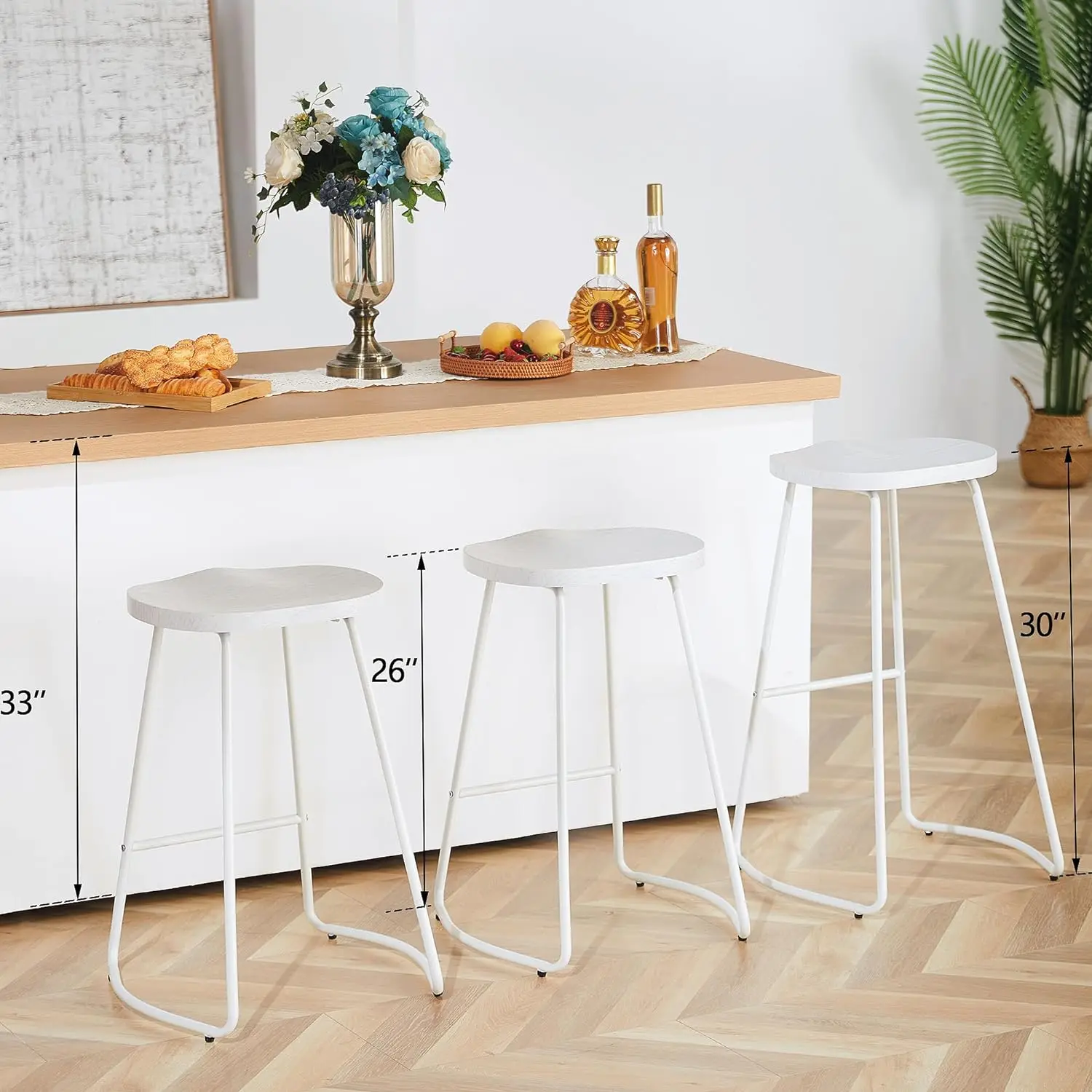 Bar Stools, Saddle Seat Bar Stools with Metal Legs, Rustic Backless Counter Height Stools, Industrial Wood Counter Stools