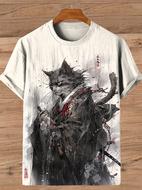 Summer Japanese Samurai Cat Short Sleeve 3D Printed Animal Pattern T-shirt New Sports Short Sleeve Fashion Oversized Men\'s Wear