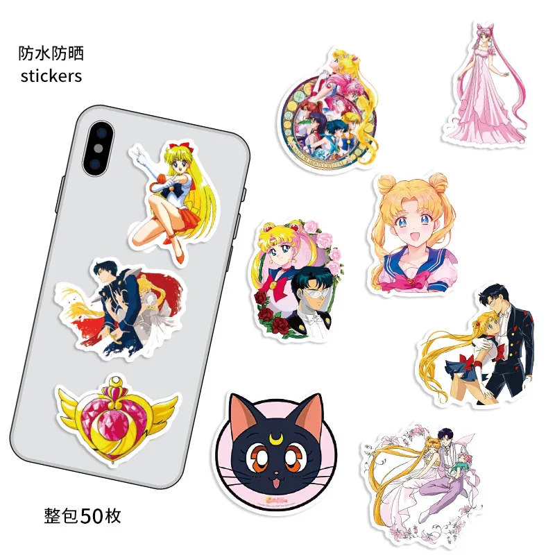 Juego de pegatinas de Sailor Moon impermeables, pegatinas de Anime para maleta, cuaderno, guitarra, monopatín, piel para portátil, 50 unidades