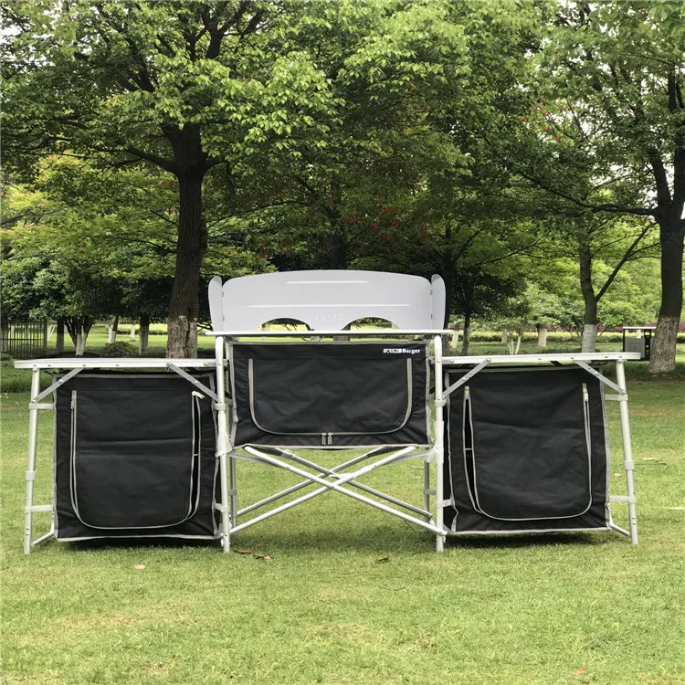 Mobile Kitchen Outdoor Aluminum Alloy Folding Table Portable Picnic BBQ Table Double Sided Cabinet Cooking Table