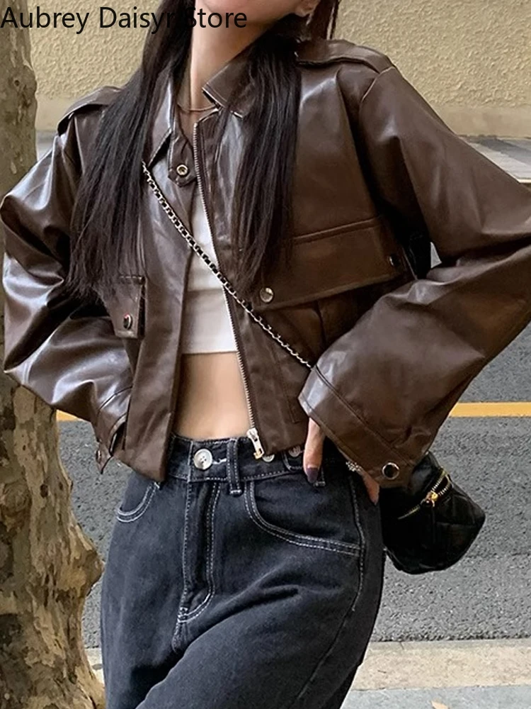 Brown Cropped Leather Jacket Women Streetwear Moto Biker Zipper Leather Jacket Winter Punk Vintage Casual Blazer Leather Coat