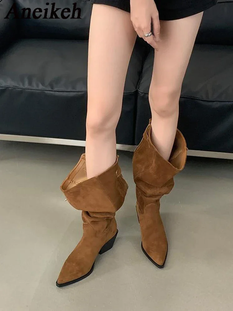 Aneikeh Autumn Fashion 2 Ways to Wear Thick Heel Western Boots Pointed Tall Comfortable Rear Zipper Stacked Wrinkle Street Shoes