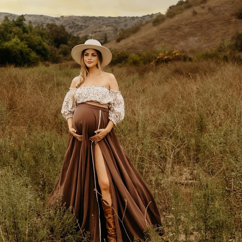 Vestido bohemio para sesión de fotos de embarazo, Top de gasa estampado y falda de algodón de lino, vestido de fotografía para mujer, vestido estilo