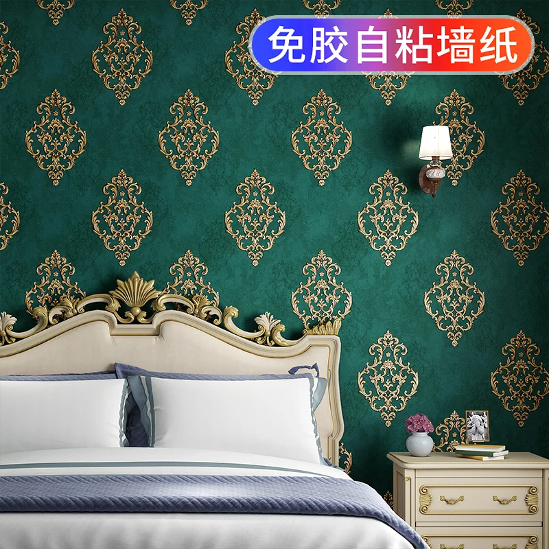 European 3D Embossed Wallpaper Self Adhesive Damascus Dark Green  Wall Paper Bedroom Living Room TV Background Wall Home Mural