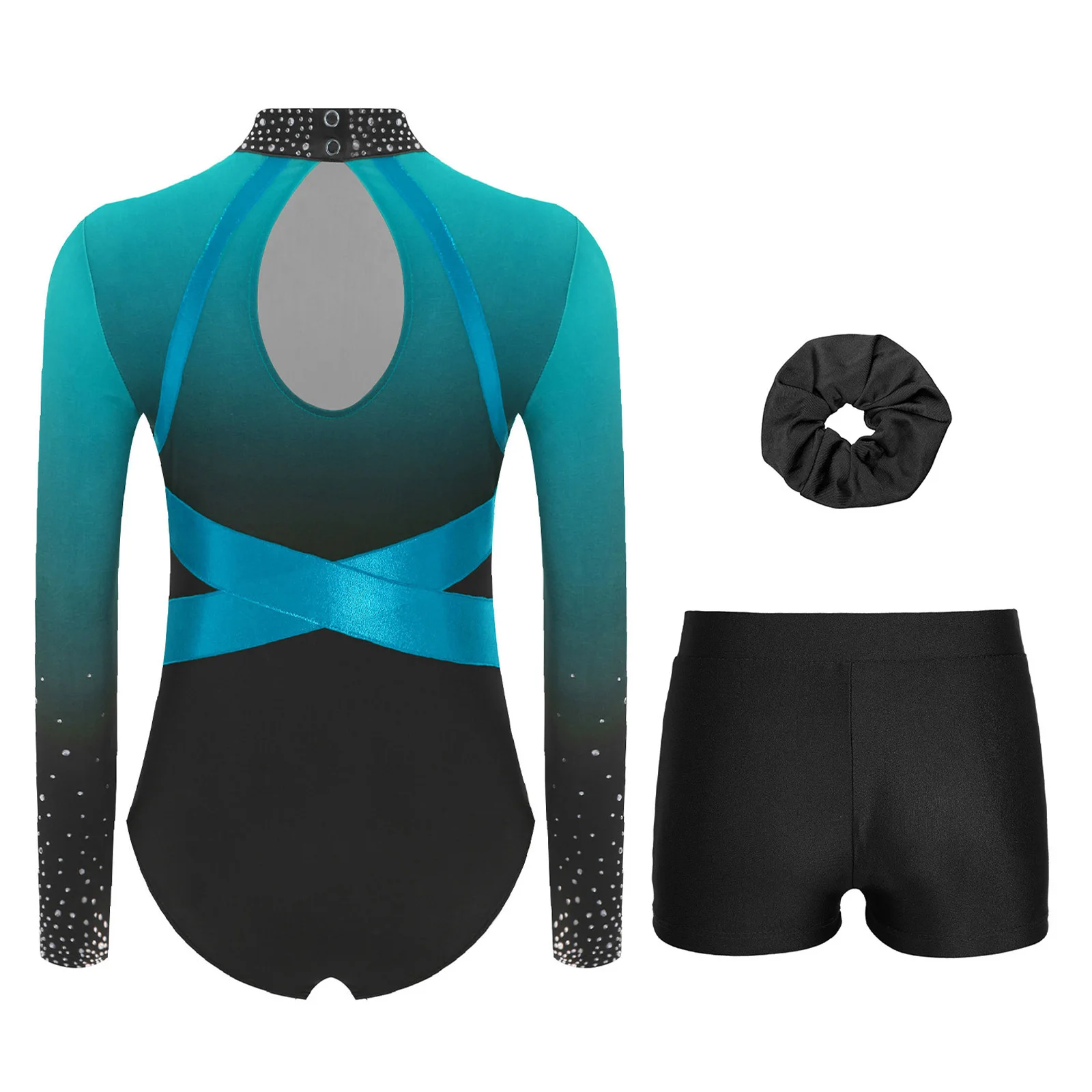 ملابس رقص الجمباز للفتيات بأكمام طويلة من حجر الراين للتزلج على الجليد مع شورت بحزام خصر مطاطي وعصابة شعر