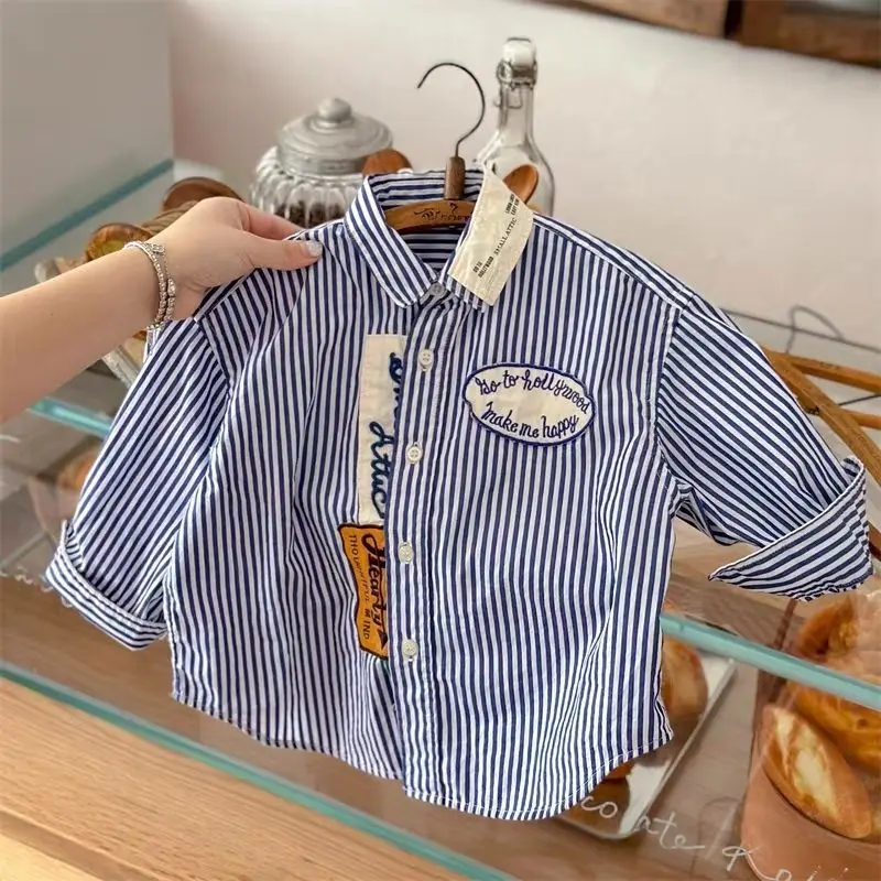 Children\'s Cotton Shirt 2024 Autumn New Boys and Girls Korean Edition Pure Cotton Stripe Long Sleeve Top Baby Polo Neck Shirt