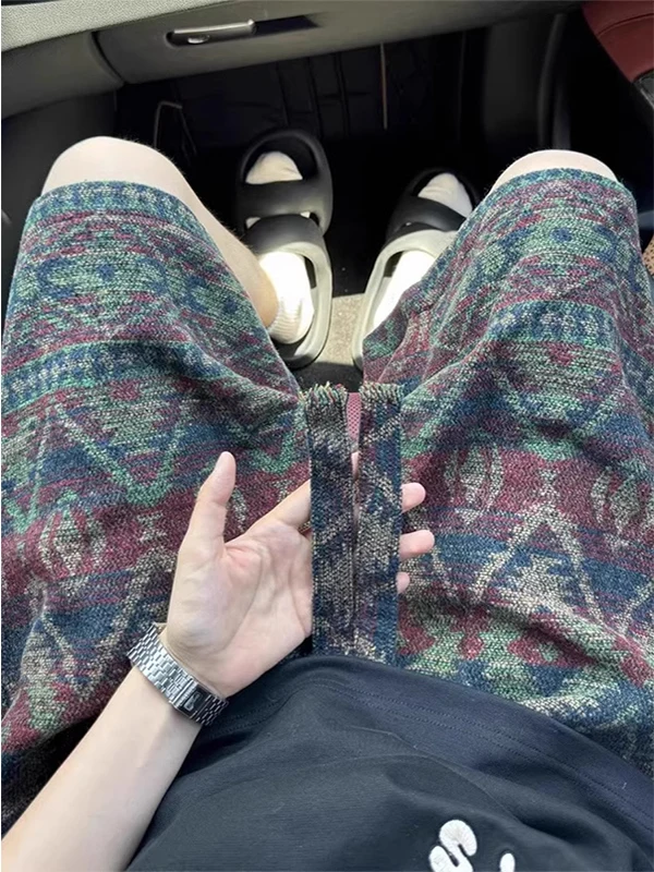 

Extra Large 300 Pou Ethnic Print orts Men's Summer Japanese Sle Retro Knitted Loose Casual Five-Quarter Length Mid-Pants