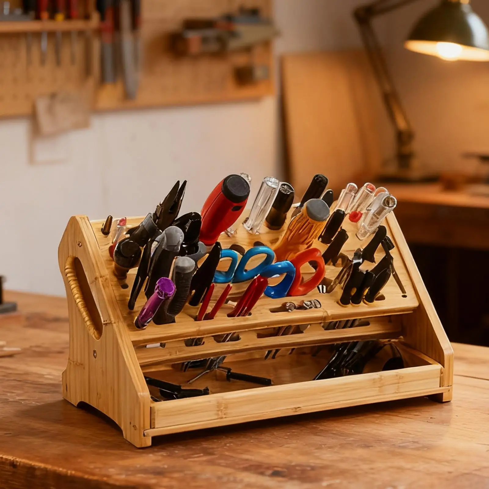 

Screwdriver Rack 53-Hole Wooden Storage Stand With Tray Work Bench Organizer For Hobby Repair Desktop Bookshelf Pegboard Garage