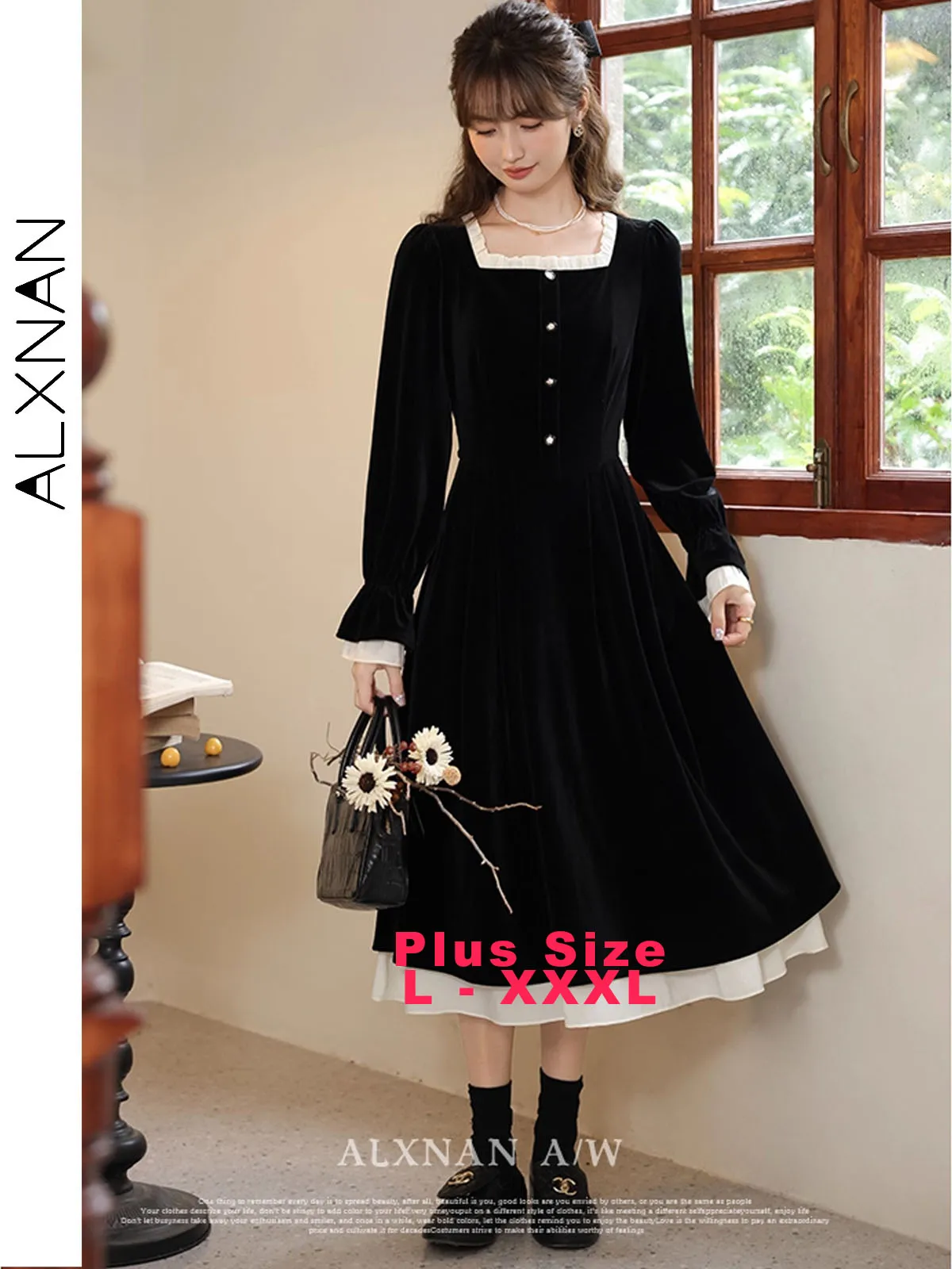 

ALXNAN Plus Size Long Dress Black Velvet Square Neck Long Sleeve Dresses 2025 Autumn New Elegant Party Female Clothing DM00610