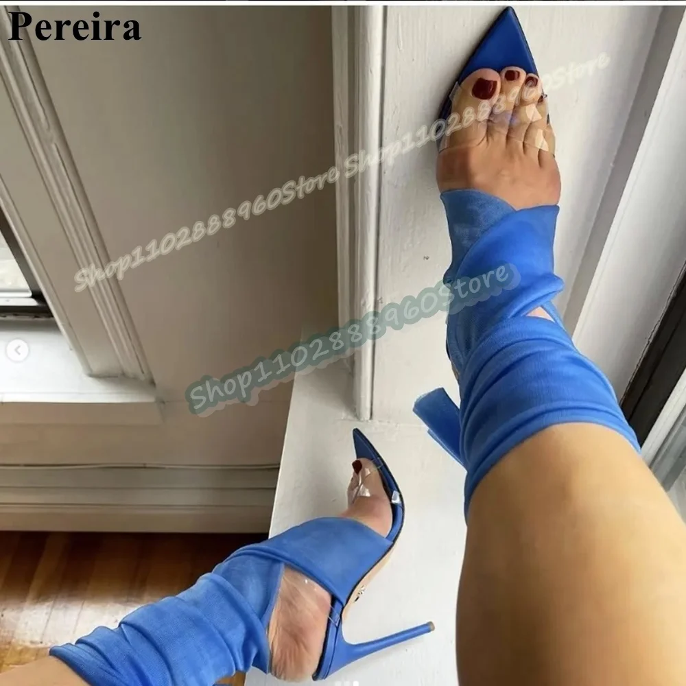 

Blue Gauze Transparent PVC Strap Sandals Stilettos High Heel Shoes For Women Lace Up Open Toe Trending Casual Zapatos Para Mujer