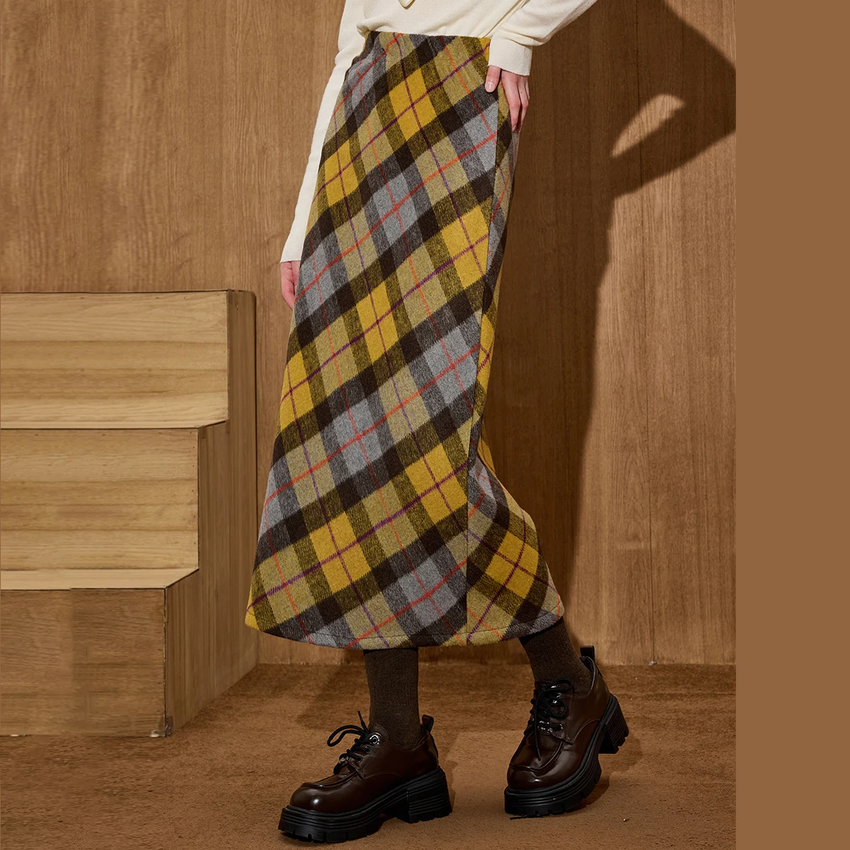 

2025 зимняя женская винтажная юбка трапециевидной формы с высокой талией, шерстяная клетчатая облегающая юбка с запахом в стиле ретро, термостойкая повседневная юбка-карандаш средней длины