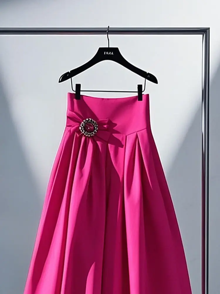 High waist thin drape skirt  high sense dopamine rose red bud skirt women's spring  pink long skirts for women