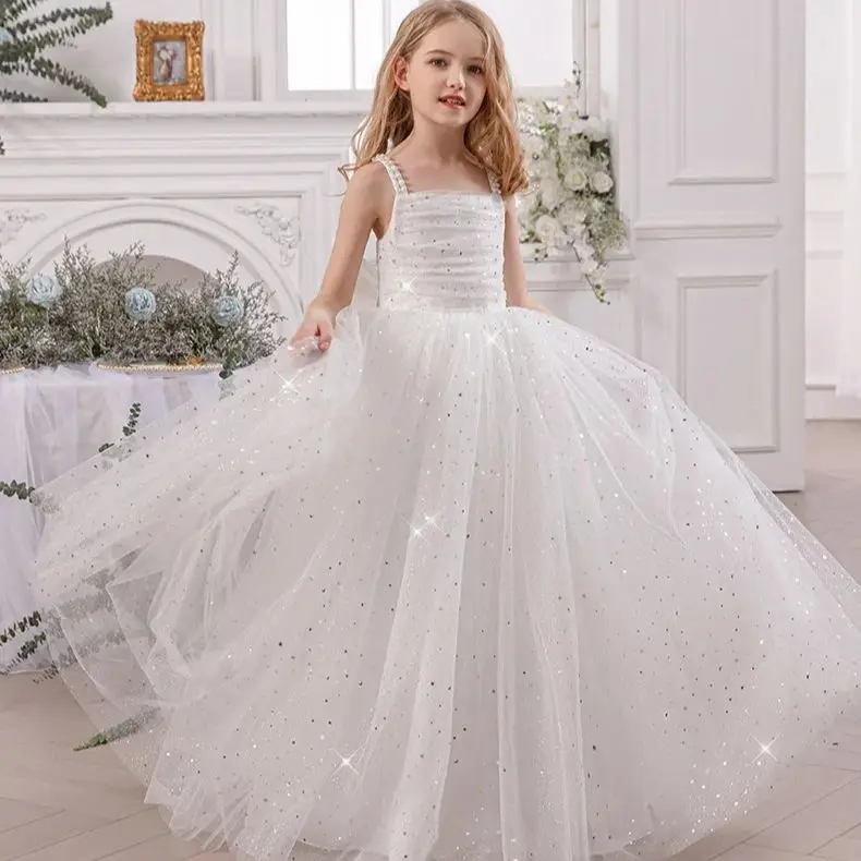 

Teenage Tulle Flower Girl Dresses for Wedding Lace Sleeveless Princess Ruffles Pageant White Dress Long Party Ball Gown