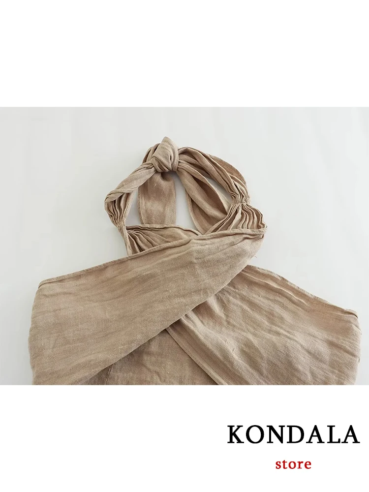 KONDALA Streetwear Khaki Linen Suits Women Sleeveless Halter Sexy Crop Tops Women+High Waist Wide Leg Pants Fashion 2023 Sets