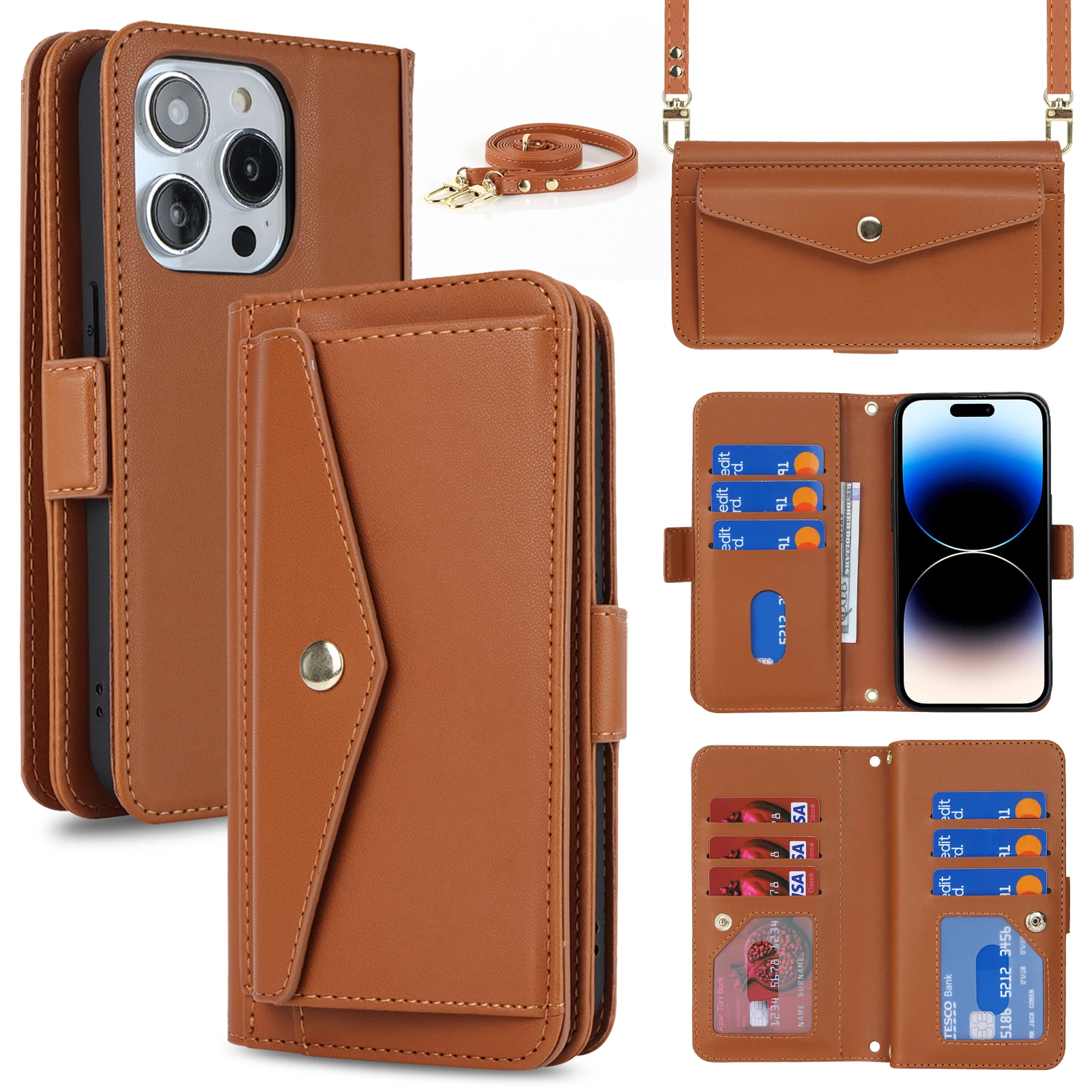 

Crossbody Cards Solt Leather Wallet Case For iPhone 15 Pro Max 14 Plus 13 12 11 Purse Bag Pocket Long Lanyard Pouch Book Cover