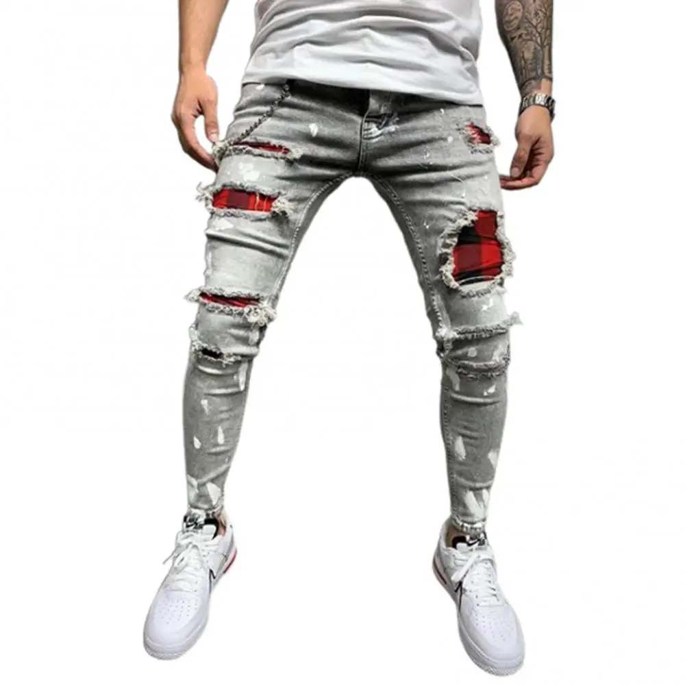 Fashion Street Style Ripped Skinny Jeans Men Vintage wash Solid Denim Trouser Mens Casual Slim fit pencil denim Pants hot sale