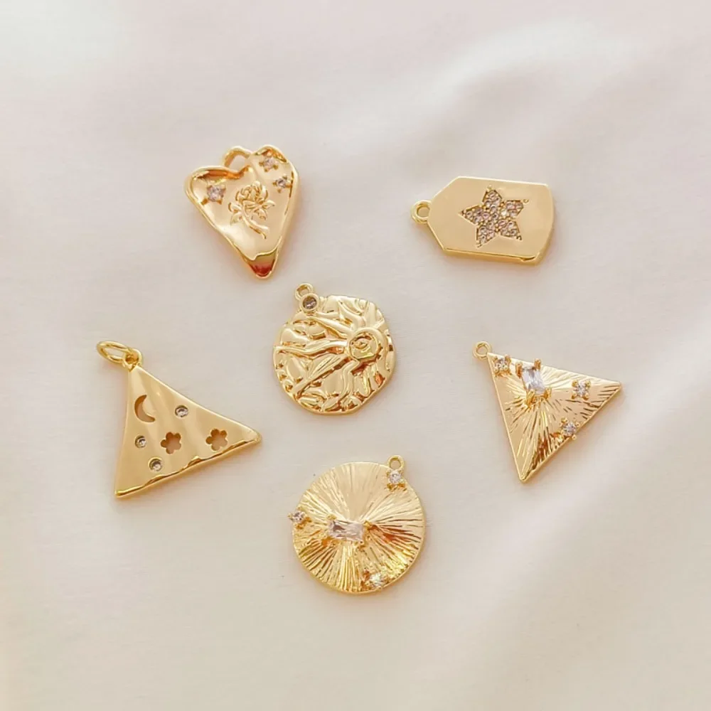 

Позолоченный аксессуар 14 карат, набор с цирконовым солнцем, круглое сердце, выдолбленный треугольный кулон, ювелирный аксессуар ручной работы своими руками