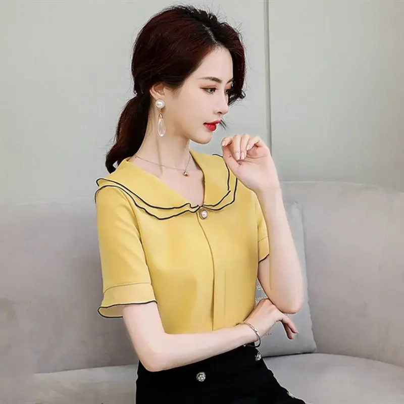 Summer New Chiffon All-match Thin Blouse Short Sleeve Solid Color Patchwork Office Shirt Tops Elegant Fashion Women Clothing B83