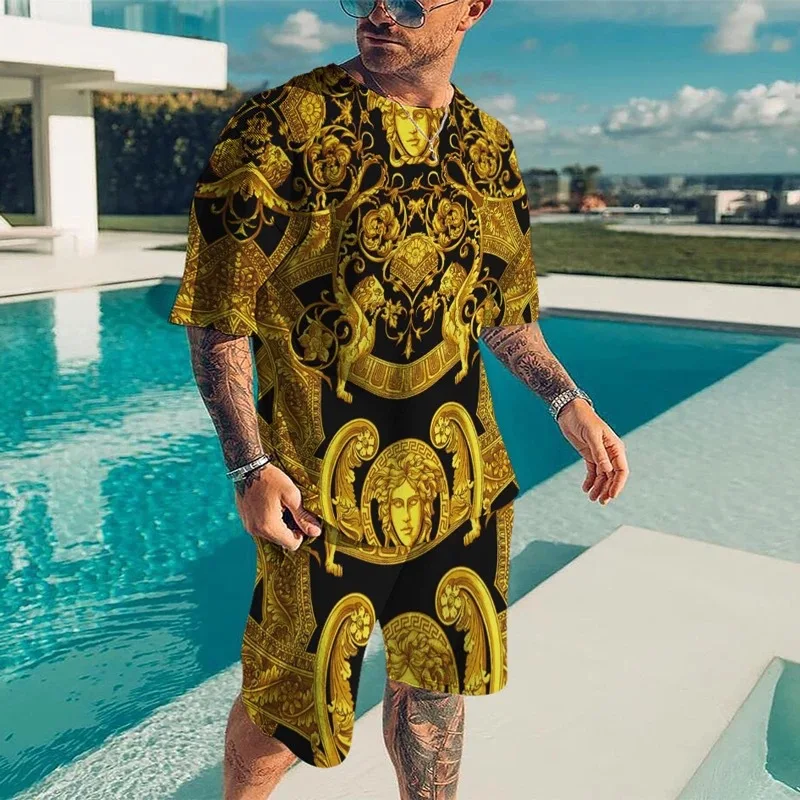 Luxurious palace style print all over new suit men\'s clothing 3D printed round neck short-sleeved T-shirt shorts set