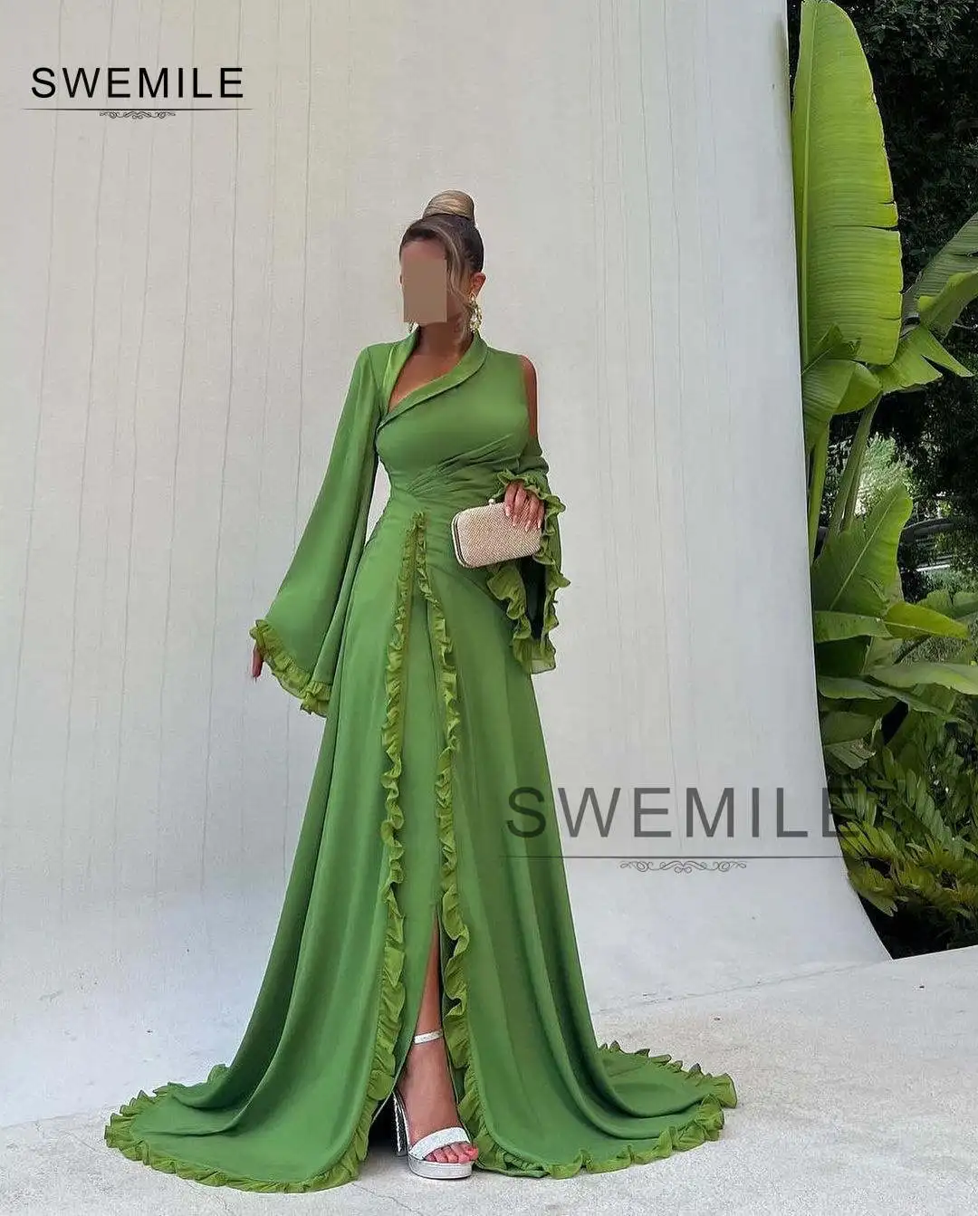 SWEMILE Green A-Line Hollow Out Sweep Train Chiffon Zipper Up Long Sleeves Dresses For Prom Evening Party Dress Vestidos De Fies