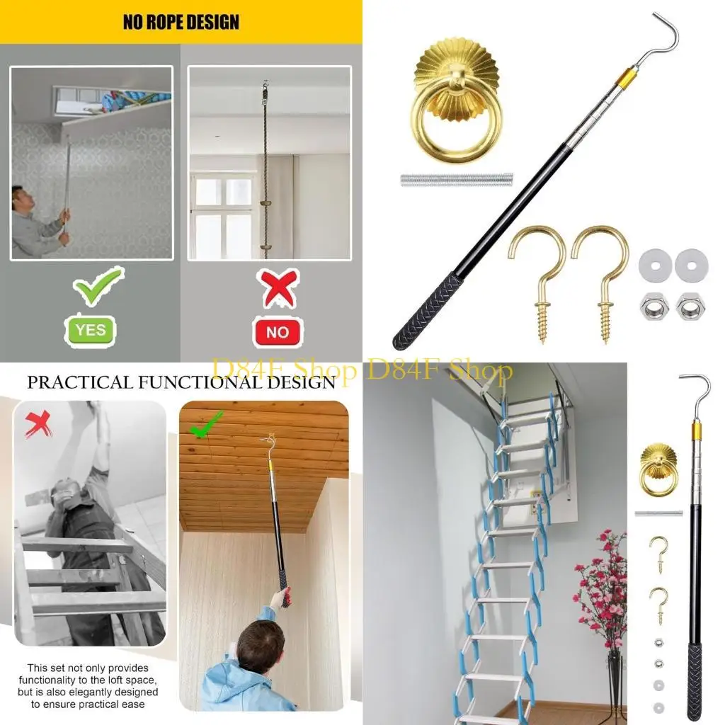 

D84F Comprehensive Attic Pull Down Hook Set for Enhancing Accessibility and Styles with Adjustable 60Inch Rod and Door Rings