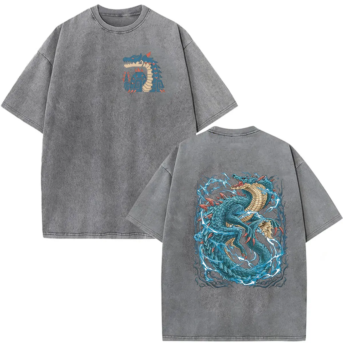 Vintage Washed Monster Hunter Lagiacrus The Lord of The Seas Game Fans T-Shirts Herren Damen Kleidung Mode Kurzarm-T-Shirt – Detail 4