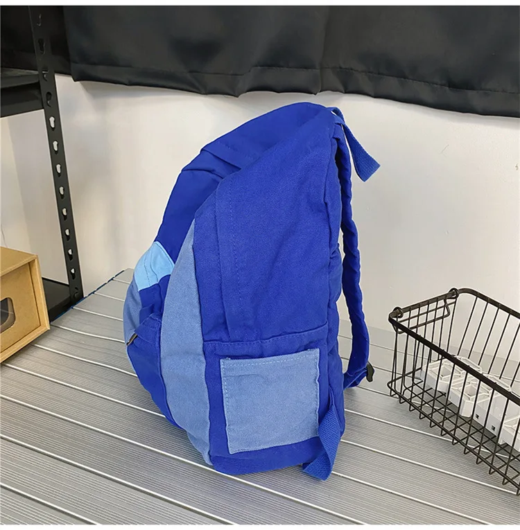 Contrast Color Block Canvas Backpack Large Capacity Casual School Travel Rucksack for Student Daily Use