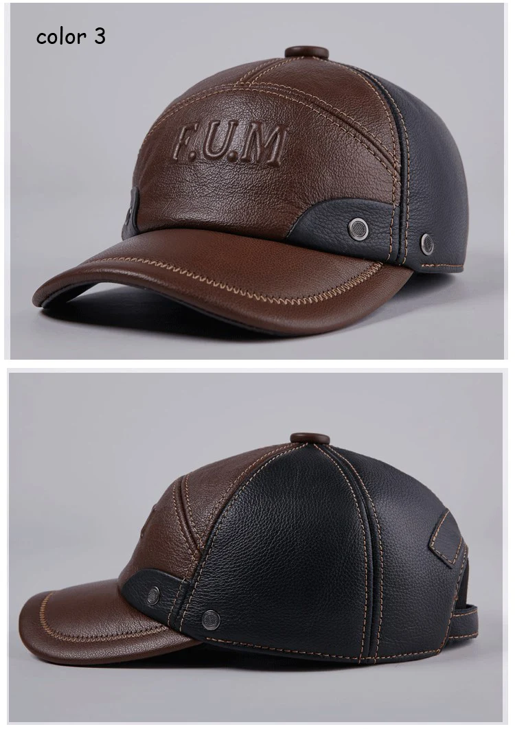 New Winter Genuine Leather Patchwork Baseball Caps For Men Warm Cowhide Golf Peaked Dome Hats Male Letters Adjustable