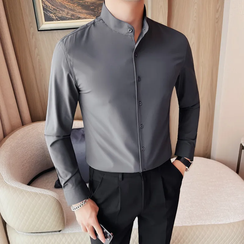 Men\'s Long Sleeve Shirt Stylish Chinese Stand Collar Business Shirts Casual Slim Fit Office Wear Social Shirt White Luxury 2024