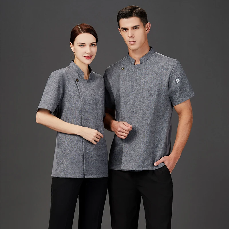 グレーのコットンとリネンのシェフ服キッチンジャケットケータリングユニフォームホテル寿司コックシャツレストラン作業服ベーカリースタッフトップス