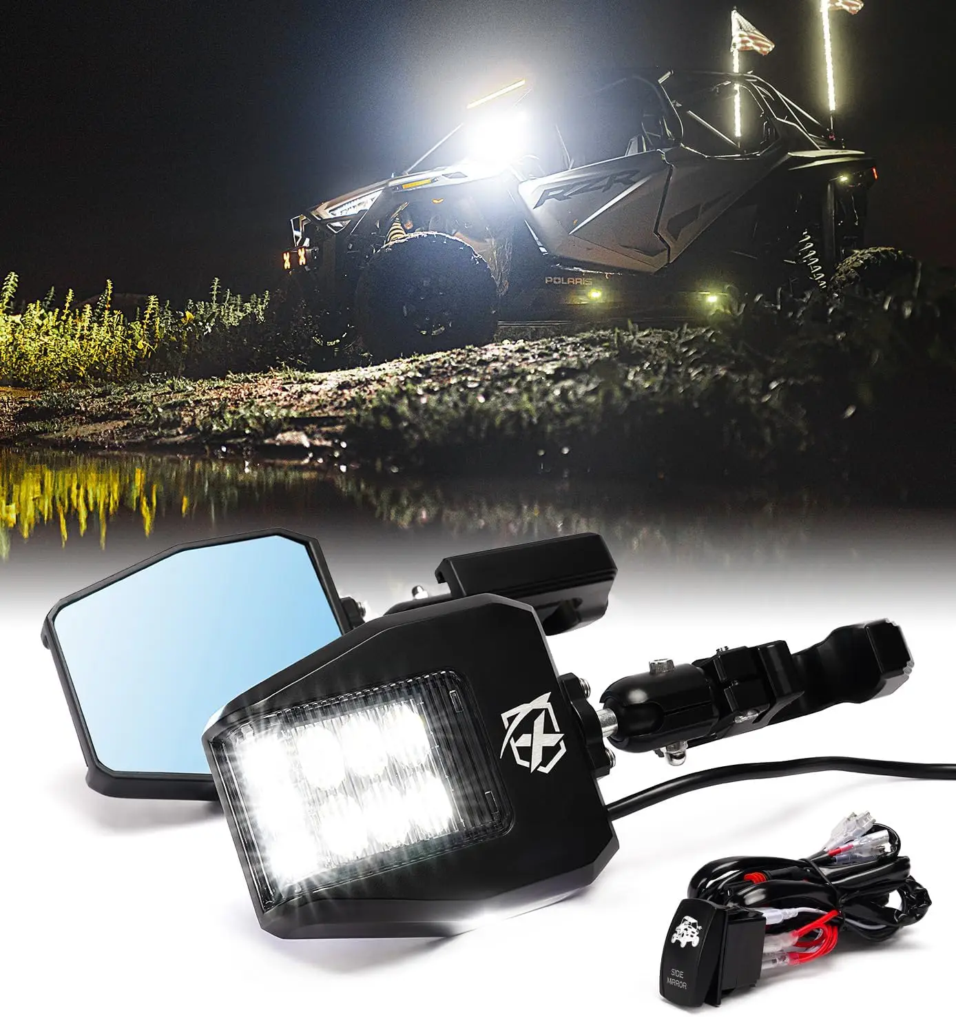 UTV Roll Cage Rear View Side Mirrors with Built-In LED Lights, Fits 1.75
