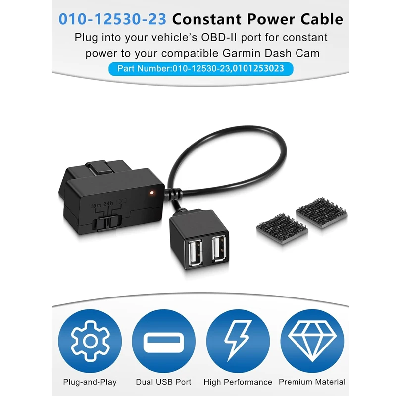 Constant Power Cable for Garmin Dash Cam, OBD-II Port Adapter with Dual USB for Car Charging, Supports Multiple Parking Modes