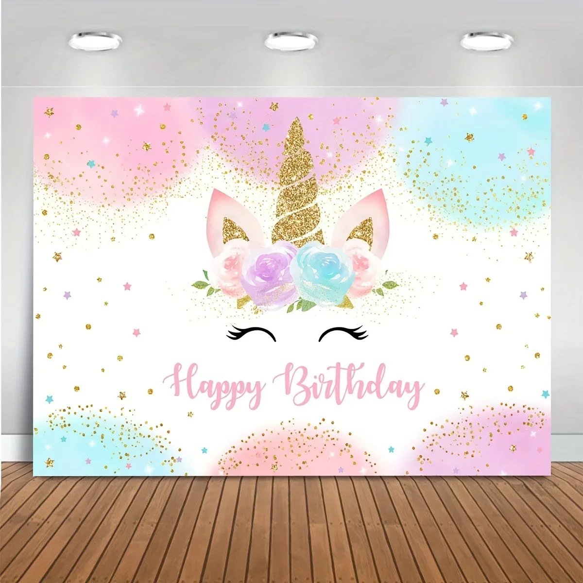 Rainbow Unicorn Background Happy Birthday Party Decoration Girl Watercolor Flowers Sparkling Stars