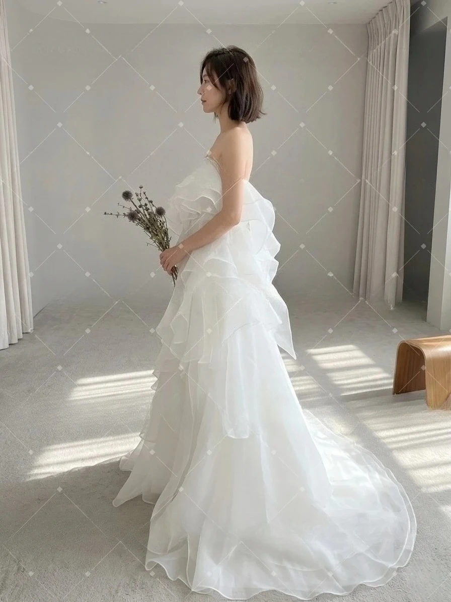 Elegant A Line Wedding Dress Korea Photoshoot Sleeveless Long Bridal Gown Corset Back Layered Organza Customized