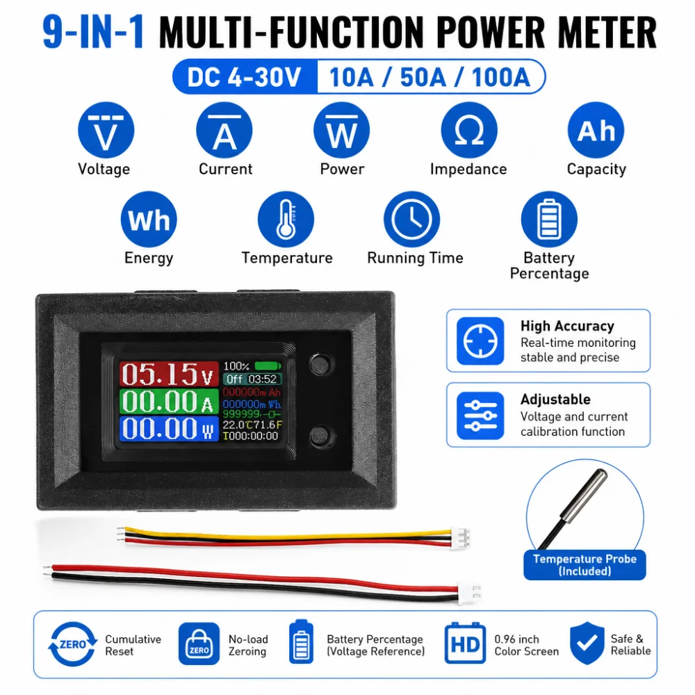 9-in-1 Voltmeter, Ammeter and Wattmeter, DC4–30 V, 10 A, 50 A, 100 A, 0.96-inch LCD Multimeter, Automotive Monitoring Instrument