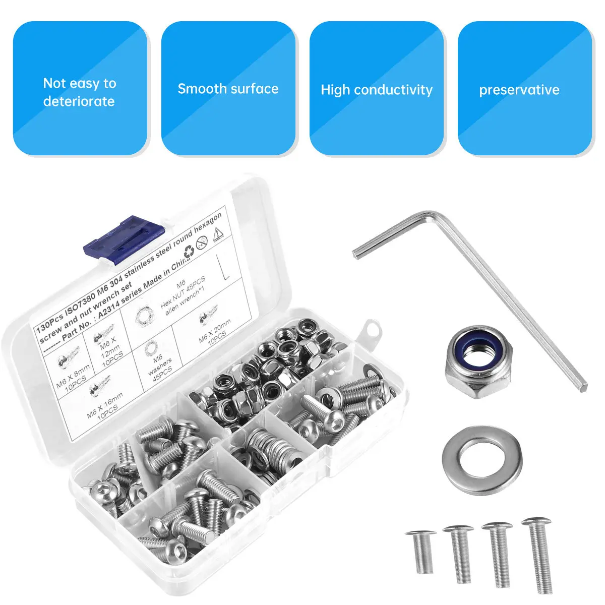 130pcs Stainless Steel Screw Assortment Kit Hexagon Socket Head Bolts Round Cup Machine Screws Corrosion Resistant Strong