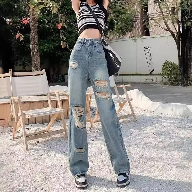 Vintage Ripped Wide-Leg Jeans Women's New Summer 2024 Loose-Fit Casual Versatile High-Waisted Slimming Straight-Leg Trousers