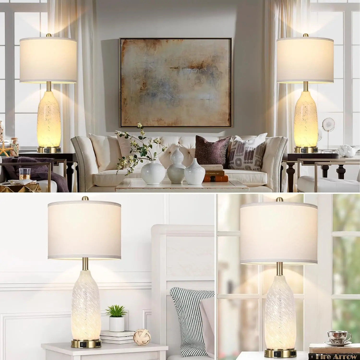 Lámparas de mesa de cristal modernas de 26', juego de 2 con salida USB y CA, luz nocturna con control táctil regulable para dormitorio, sala de estar (bombillas)