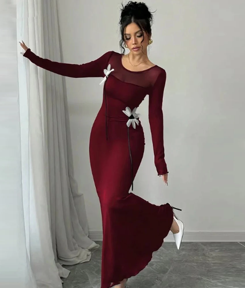 Customized High Quality Jersey Mermaid 3D Flowers Evening Dress Temperament O-neck Long Sleeves Ankle Length Celebrity Gowns