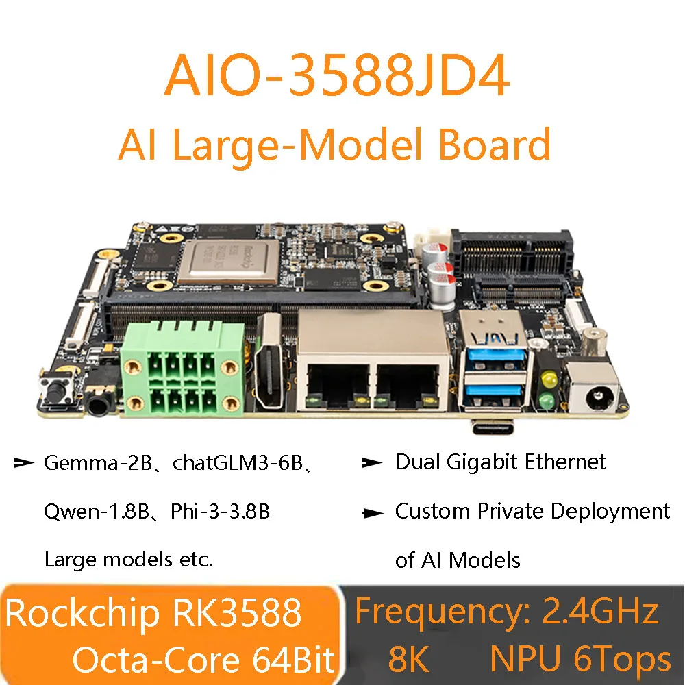 

AIO-3588JD4 AI Large-Model Board 8K Decoding Edge Computing Ruixin Micro RK3588 Octa-Core 64-Bit CPU Private Deployment