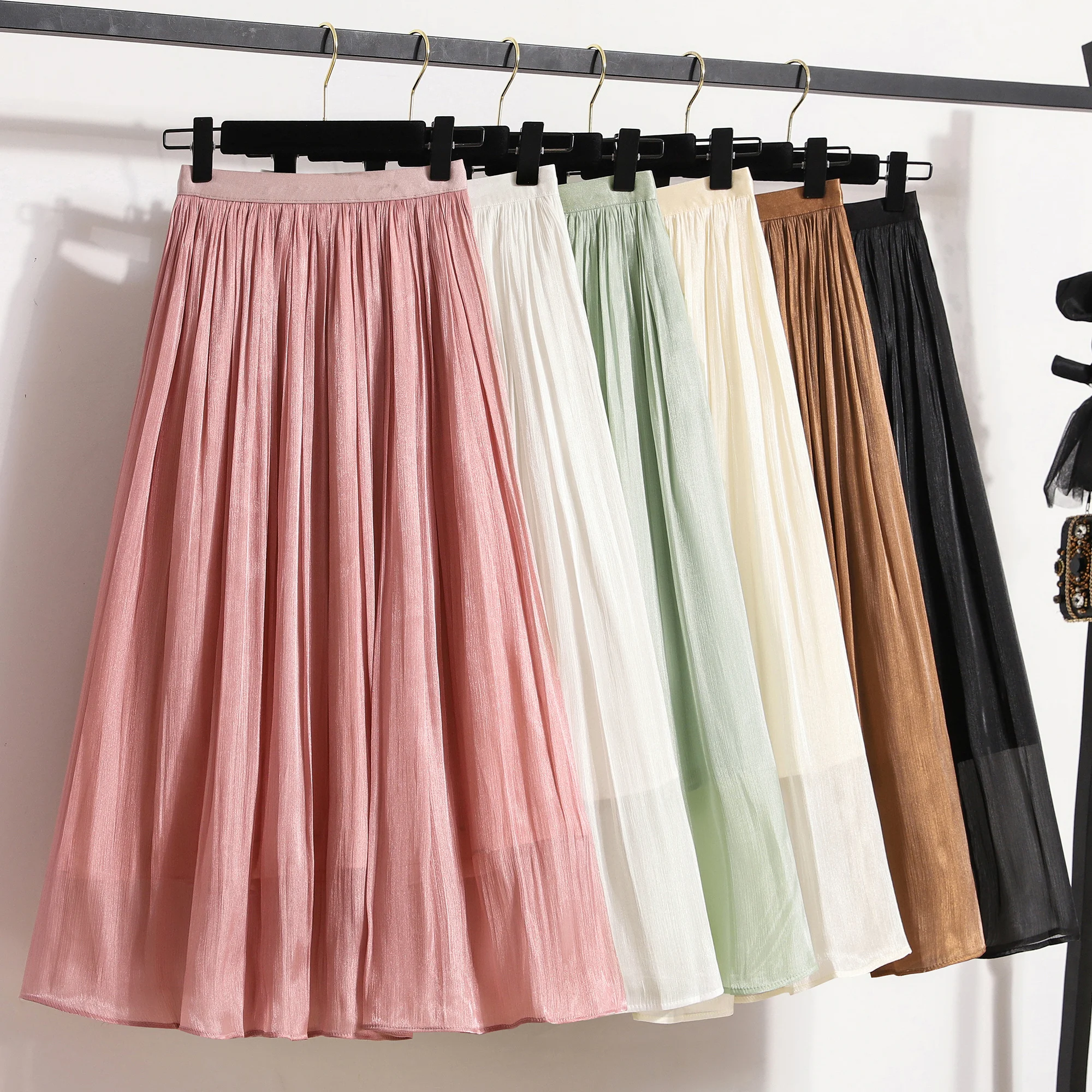 TingYiLi Falda larga por debajo de la rodilla de gasa brillante metálica de verano para mujer Kawaii negro rosa verde caqui Beige blanco Falda plisada elegante