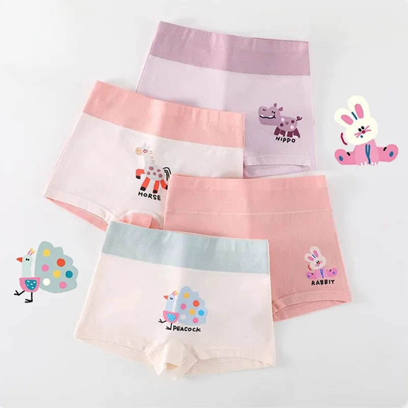 4PCS Girls High Waist Cotton Panties Kid Thin Breathable Soft Antibacterial Knickers Cute Print Briefs 3+y Young Child Underwear