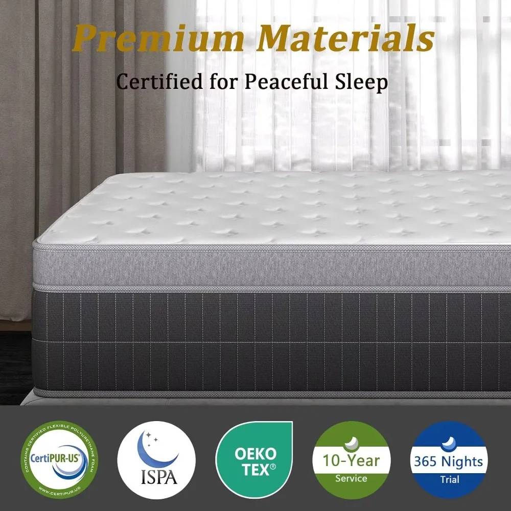 Colchão duplo de 12 polegadas, colchão híbrido zonificado com molas de bolso embaladas individualmente com espuma viscoelástica em gel, alívio de pressão ergonômico