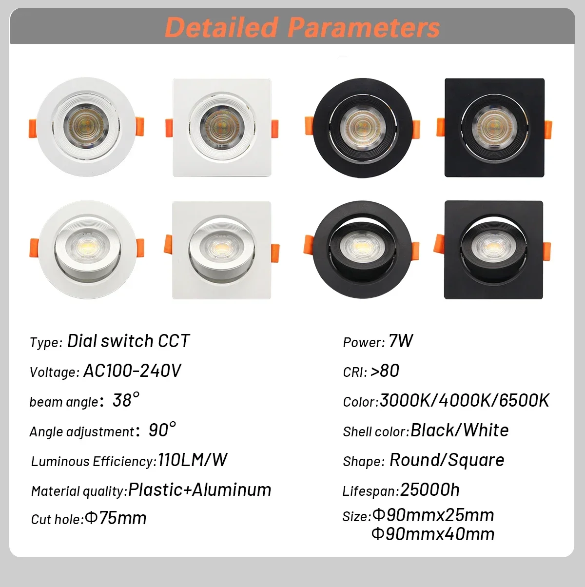 8pcs LED ceiling spotlight 90° Adjustable angle AC 220V 110V dial switch Tricolor dimming embedded Downlight for Bedroom home