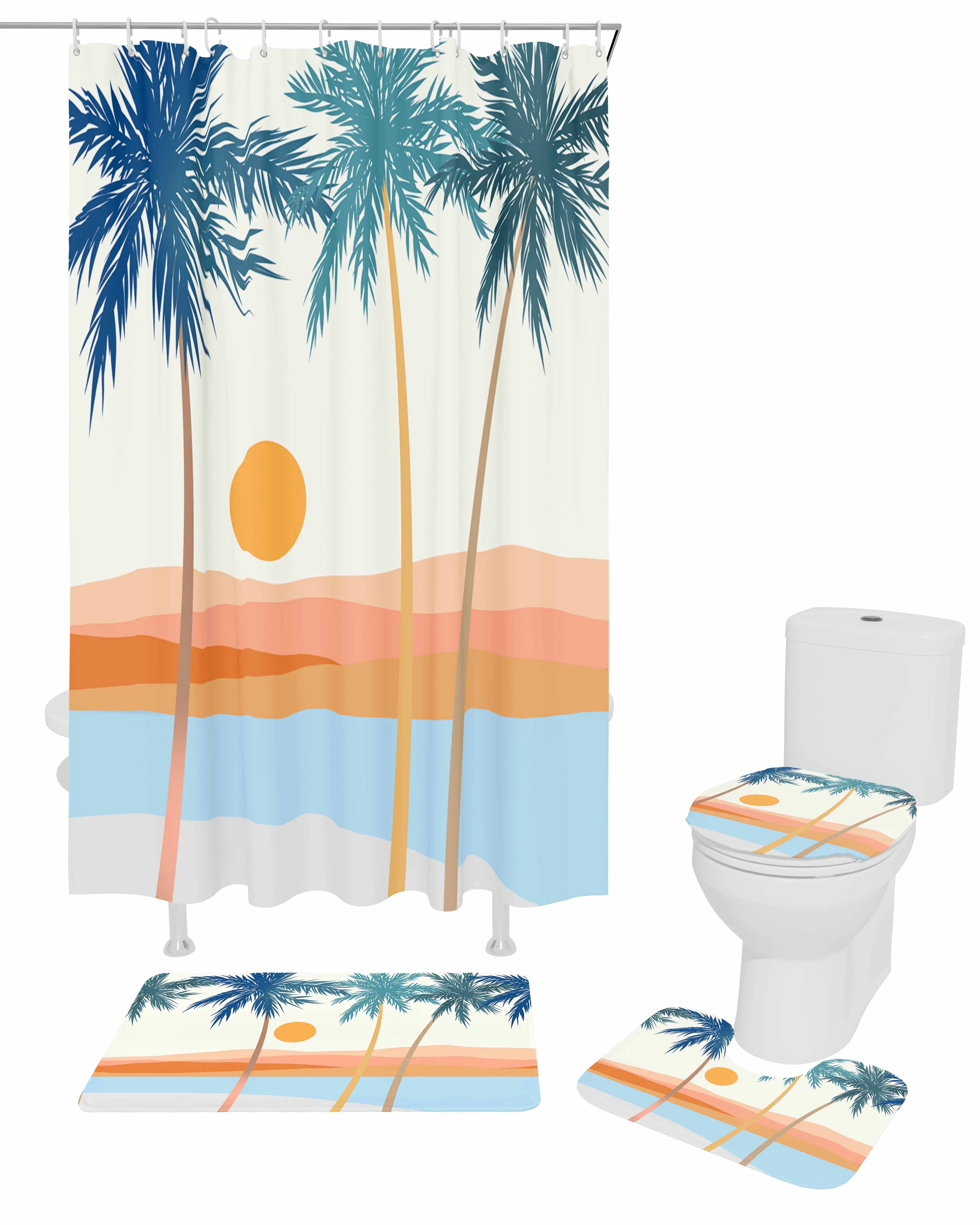 Abstract Sun Coconut Tree Boho Shower Curtain Non-Slip Rugs Toilet Lid Cover and Bath Mat Bathroom Curtains with Hooks