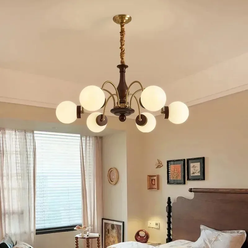 French retro all-copper living room chandelier solid wood main lamp medium and ancient style advanced sense full spectrum eye pr