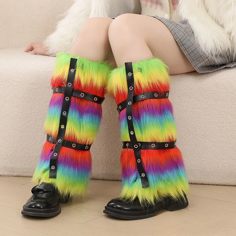 Colorful Rainbow Artificial Fur Warm Boot Cover Y2K Gothic Socks Punk Jk Knee Hip Hop Girls Fashion Warm Socks