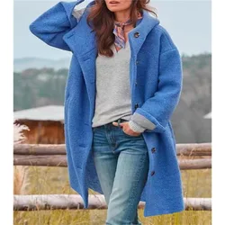 Women Solid Color Loose Cardigan Trench Coat Autumn Winter Woolen Coat Women Long Sleeve Single Breasted Hooded Woolen Long Coat